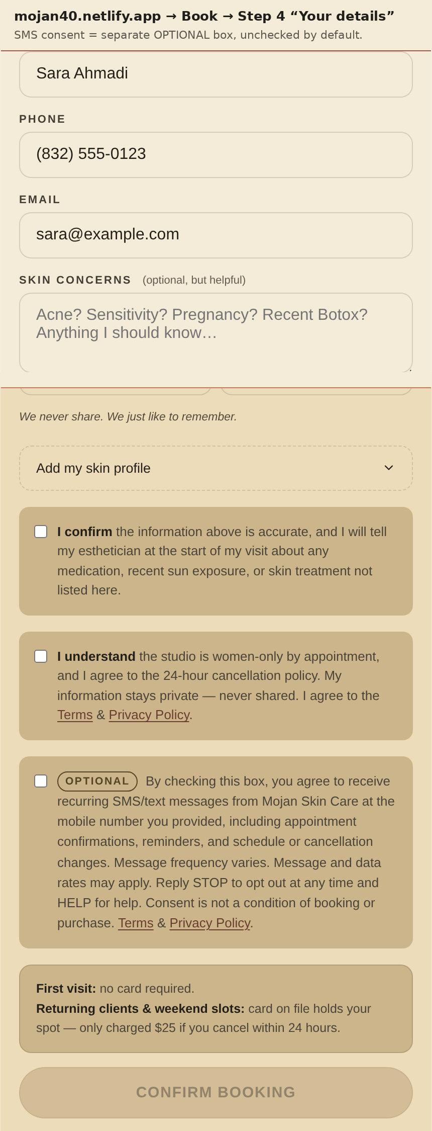 Mojan Skin Care booking form, step 4, showing the unchecked SMS consent checkbox and the full consent text next to it